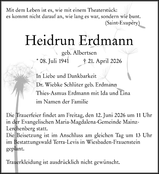 Traueranzeige von Heidrun Erdmann von Wiesbadener Kurier