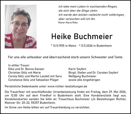 Traueranzeige von Heike Buchmeier von Allgemeine Zeitung Mainz