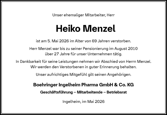 Traueranzeige von Heiko Menzel von Allgemeine Zeitung Rheinhessen-Nahe