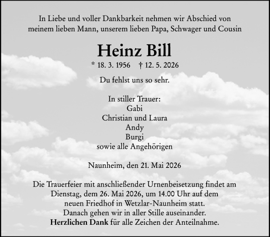 Traueranzeige von Heinz Bill von Wetzlarer Neue Zeitung