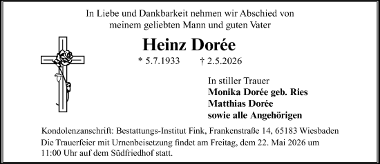 Traueranzeige von Heinz Dorée von Wiesbadener Kurier