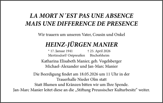 Traueranzeige von Heinz-Jürgen Manier von Allgemeine Zeitung Mainz
