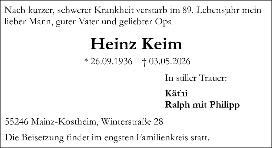 Traueranzeige von Heinz Keim von Allgemeine Zeitung Mainz
