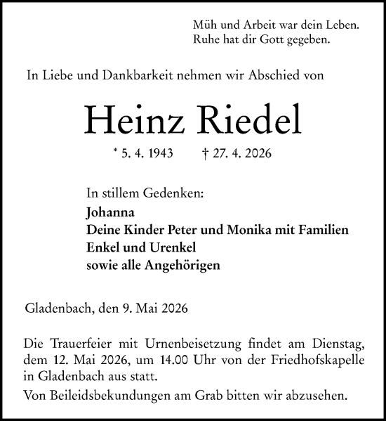 Traueranzeige von Heinz Riedel von Hinterländer Anzeiger