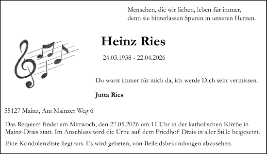 Traueranzeige von Heinz Ries von Allgemeine Zeitung Mainz