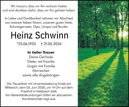 Traueranzeige von Heinz Schwinn von Odenwälder Echo