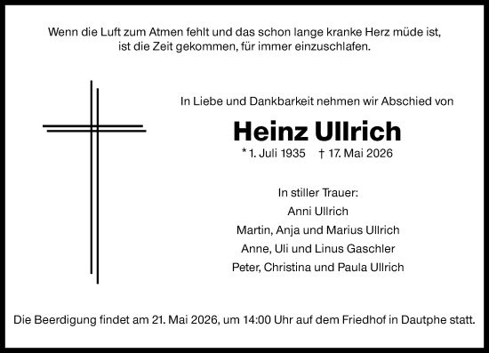 Traueranzeige von Heinz Ullrich von Hinterländer Anzeiger