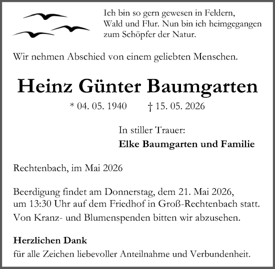 Traueranzeige von Heinz Günter Baumgarten von Wetzlarer Neue Zeitung