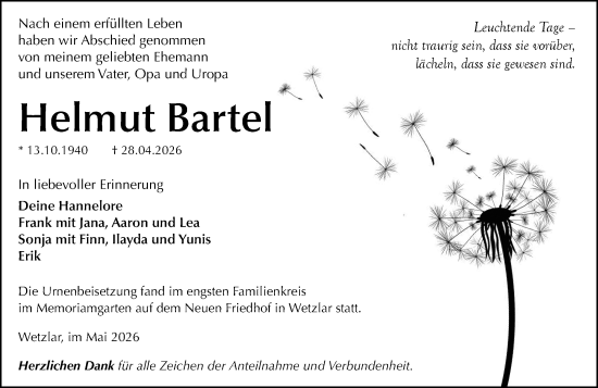 Traueranzeige von Helmut Bartel von Wetzlarer Neue Zeitung