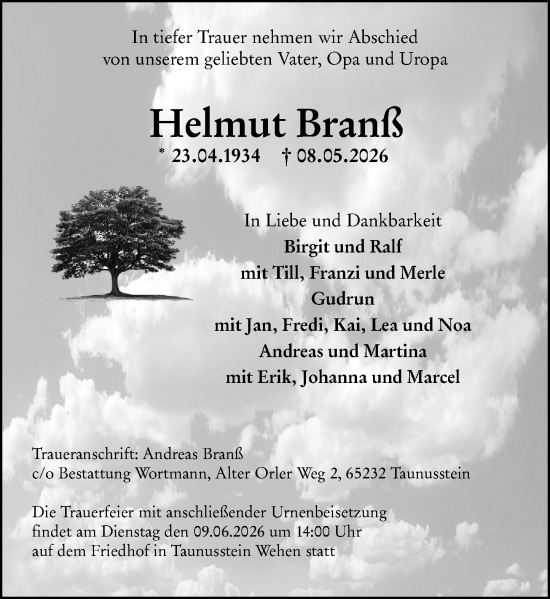 Traueranzeige von Helmut Branß von Idsteiner Land/Untertaunus
