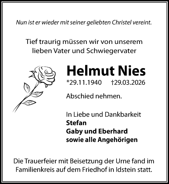 Traueranzeige von Helmut Nies von Idsteiner Land/Untertaunus