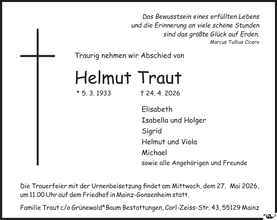 Traueranzeige von Helmut Traut von Allgemeine Zeitung Mainz
