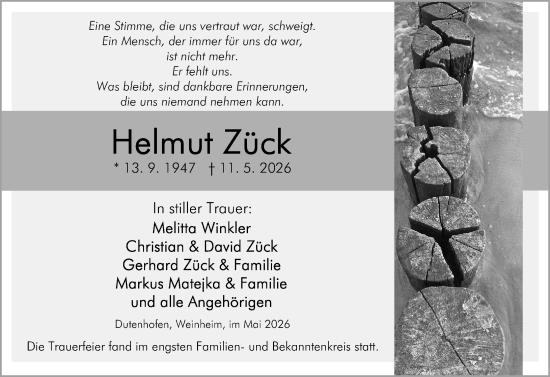 Traueranzeige von Helmut Zück von Wetzlarer Neue Zeitung