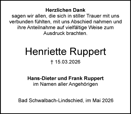 Traueranzeige von Henriette Ruppert von Idsteiner Land/Untertaunus