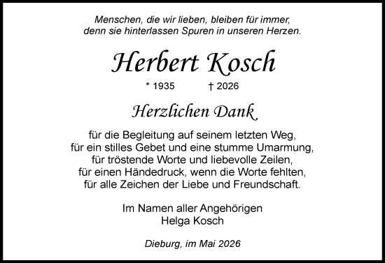 Traueranzeige von Herbert Kosch von Dieburger Anzeiger/Groß-Zimmerner Lokal-Anzeiger