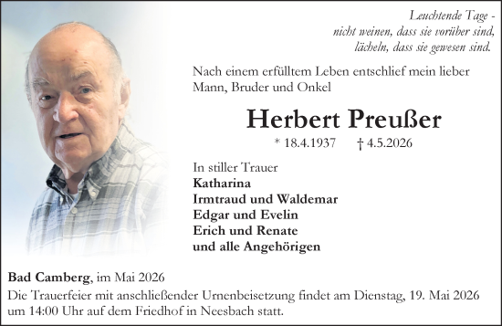 Traueranzeige von Herbert Preußer von Camberger Anzeiger