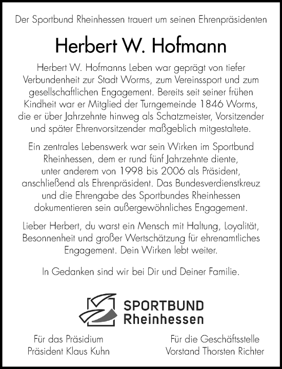 Traueranzeige von Herbert W. Hofmann von Allgemeine Zeitung Rheinhessen-Nahe