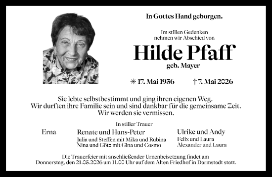 Traueranzeige von Hilde Pfaff von Darmstädter Echo