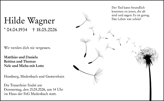 Traueranzeige von Hilde Wagner von Dill Block