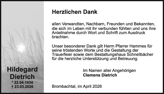 Traueranzeige von Hildegard Dietrich von Odenwälder Echo