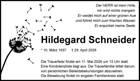 Traueranzeige von Hildegard Schneider von Wormser Zeitung