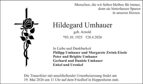 Traueranzeige von Hildegard Umhauer von Starkenburger Echo