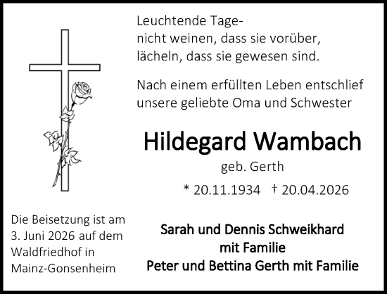 Traueranzeige von Hildegard Wambach von Allgemeine Zeitung Mainz