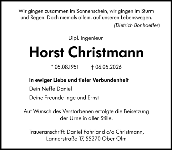 Traueranzeige von Horst Christmann von Allgemeine Zeitung Mainz