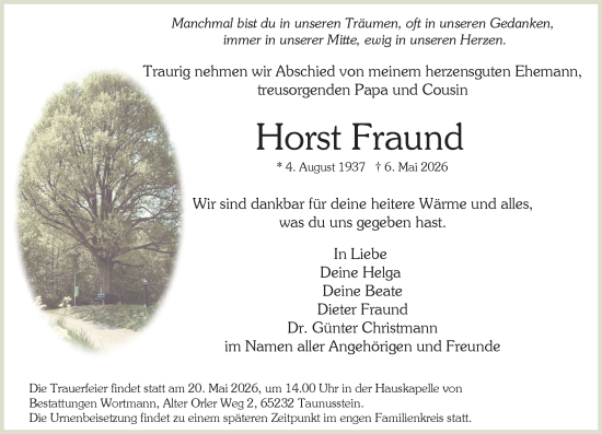 Traueranzeige von Horst Fraund von Wiesbadener Kurier
