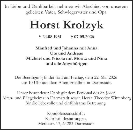 Traueranzeige von Horst Krolzyk von Darmstädter Echo