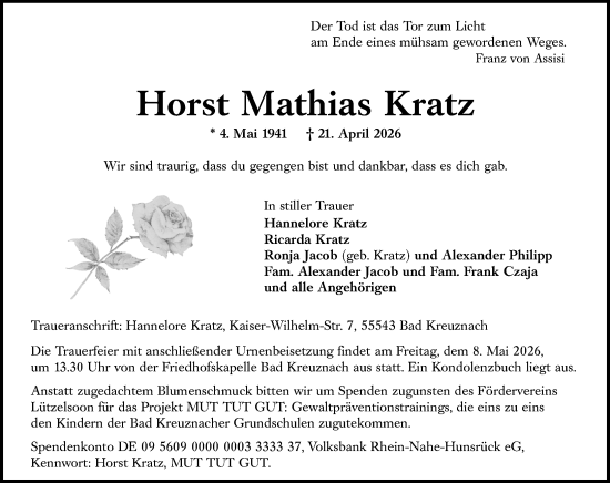Traueranzeige von Horst Mathias Kratz von Allgemeine Zeitung Rheinhessen-Nahe