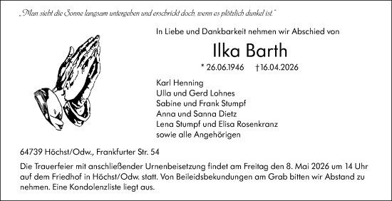 Traueranzeige von Ilka Barth von Odenwälder Echo