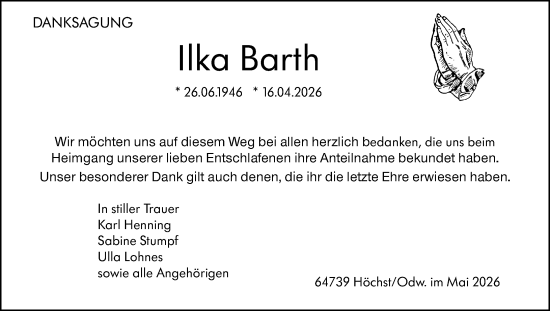 Traueranzeige von Ilka Barth von Odenwälder Echo