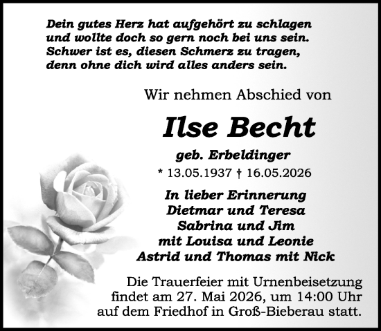 Traueranzeige von Ilse Becht von Darmstädter Echo