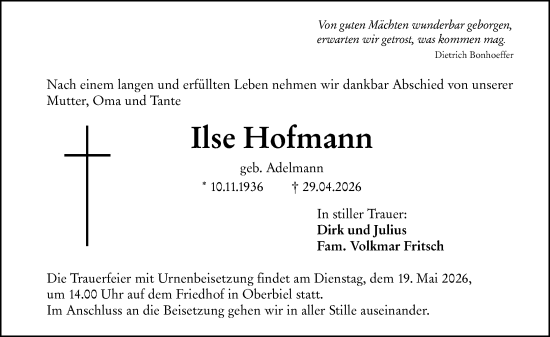 Traueranzeige von Ilse Hofmann von Wetzlarer Neue Zeitung