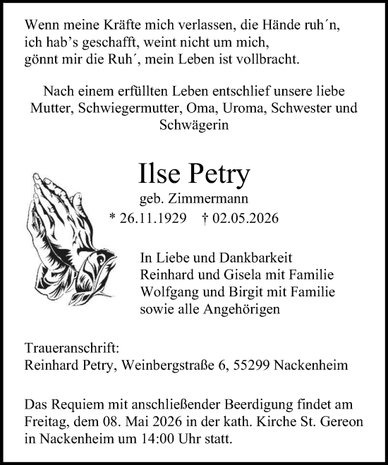 Traueranzeige von Ilse Petry von Allgemeine Zeitung Mainz