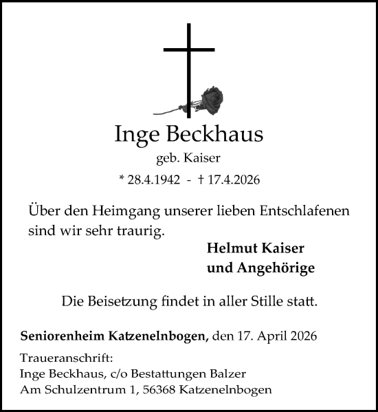 Traueranzeige von Inge Beckhaus von Wiesbadener Kurier