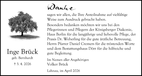 Traueranzeige von Inge Brück von Wetzlarer Neue Zeitung