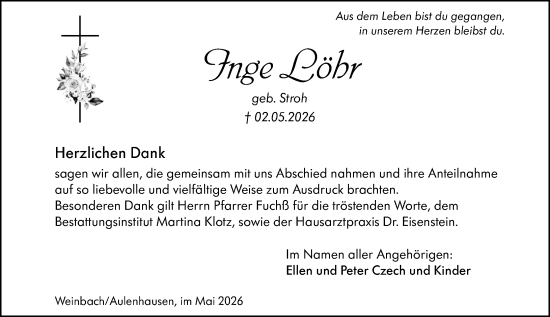 Traueranzeige von Inge Löhr von Weilburger Tageblatt
