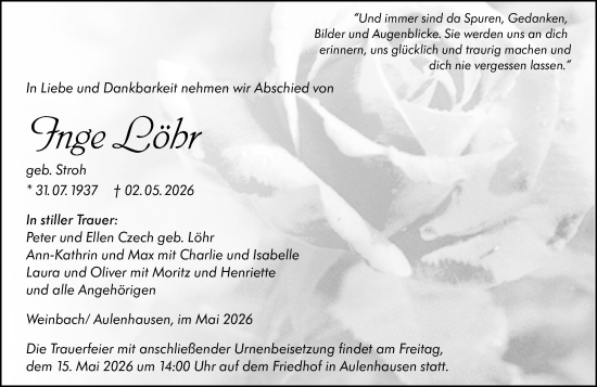 Traueranzeige von Inge Löhr von Weilburger Tageblatt