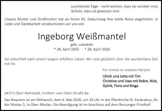 Traueranzeige von Ingeborg Weißmantel von Darmstädter Echo