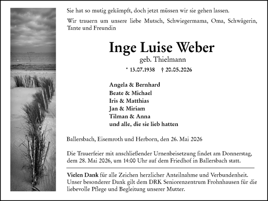Traueranzeige von Inge Luise Weber von Dill Block
