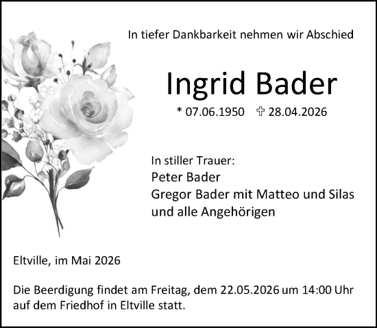Traueranzeige von Ingrid Bader von Rheingau Kurier