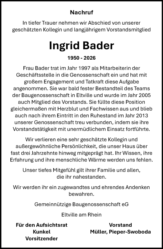 Traueranzeige von Ingrid Bader von Wiesbadener Kurier
