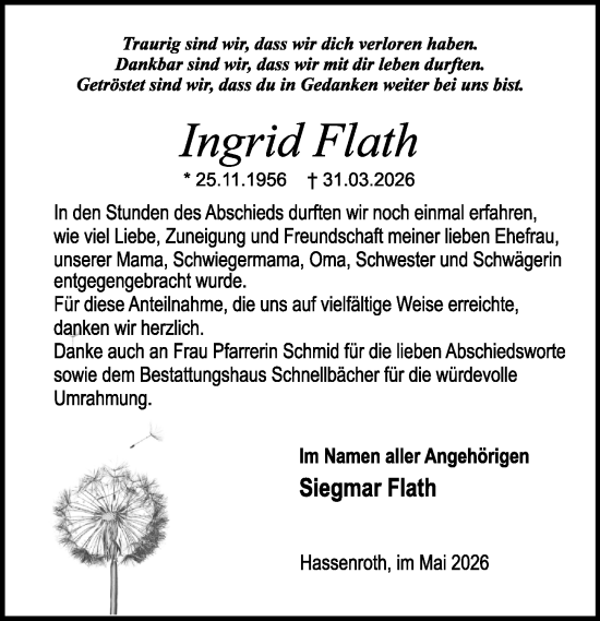 Traueranzeige von Ingrid Flath von Odenwälder Echo