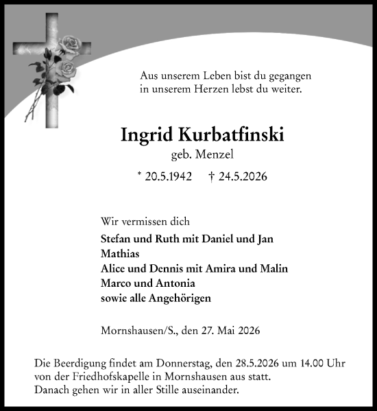 Traueranzeige von Ingrid Kurbatfinski von Hinterländer Anzeiger