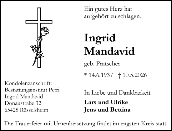 Traueranzeige von Ingrid Mandavid von Rüsselsheimer Echo