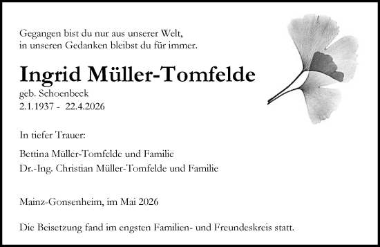 Traueranzeige von Ingrid Müller-Tomfelde von Allgemeine Zeitung Mainz