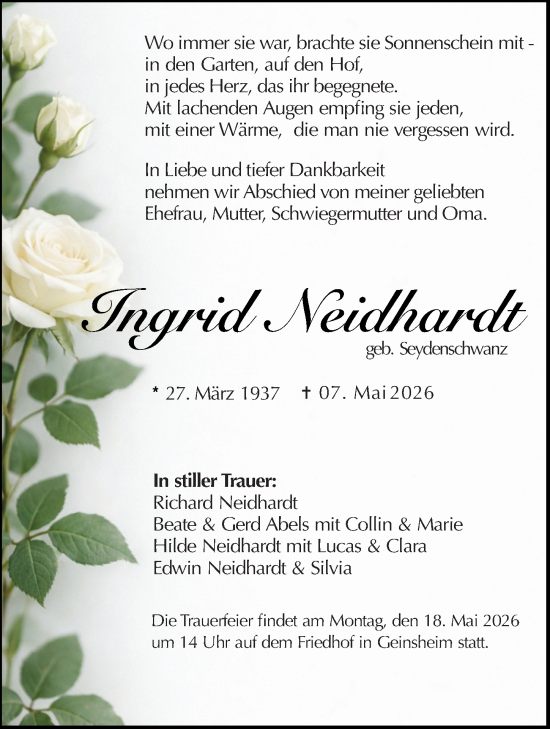 Traueranzeige von Ingrid Neidhardt von Groß-Gerauer Echo