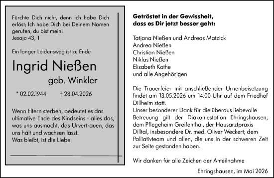 Traueranzeige von Ingrid Nießen von Dill Block